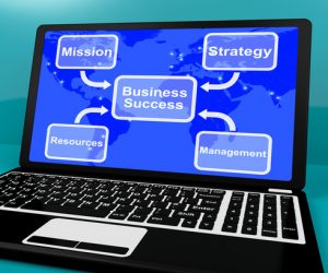 Business Success Diagram On Laptop Showing Mission And Management